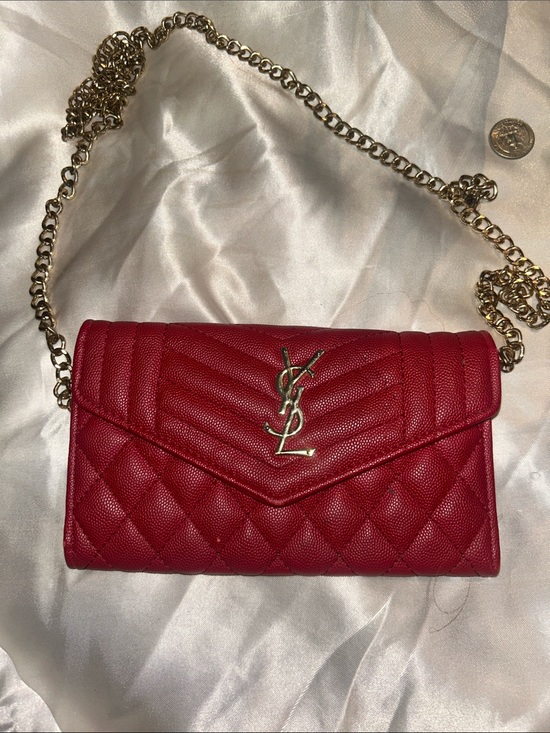 Saint Laurent Handbags - Saint Laurent Red Quilted Leather Chain Crossbody Wallet